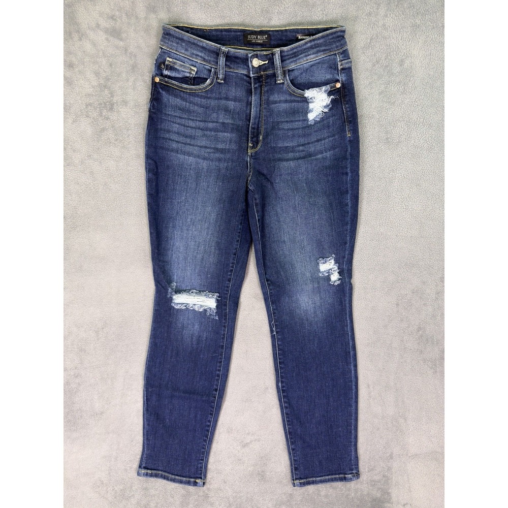 Judy Blue Jeans Womens 3/26 Blue Dark Wash Ripped Denim Boyfriend Stretch